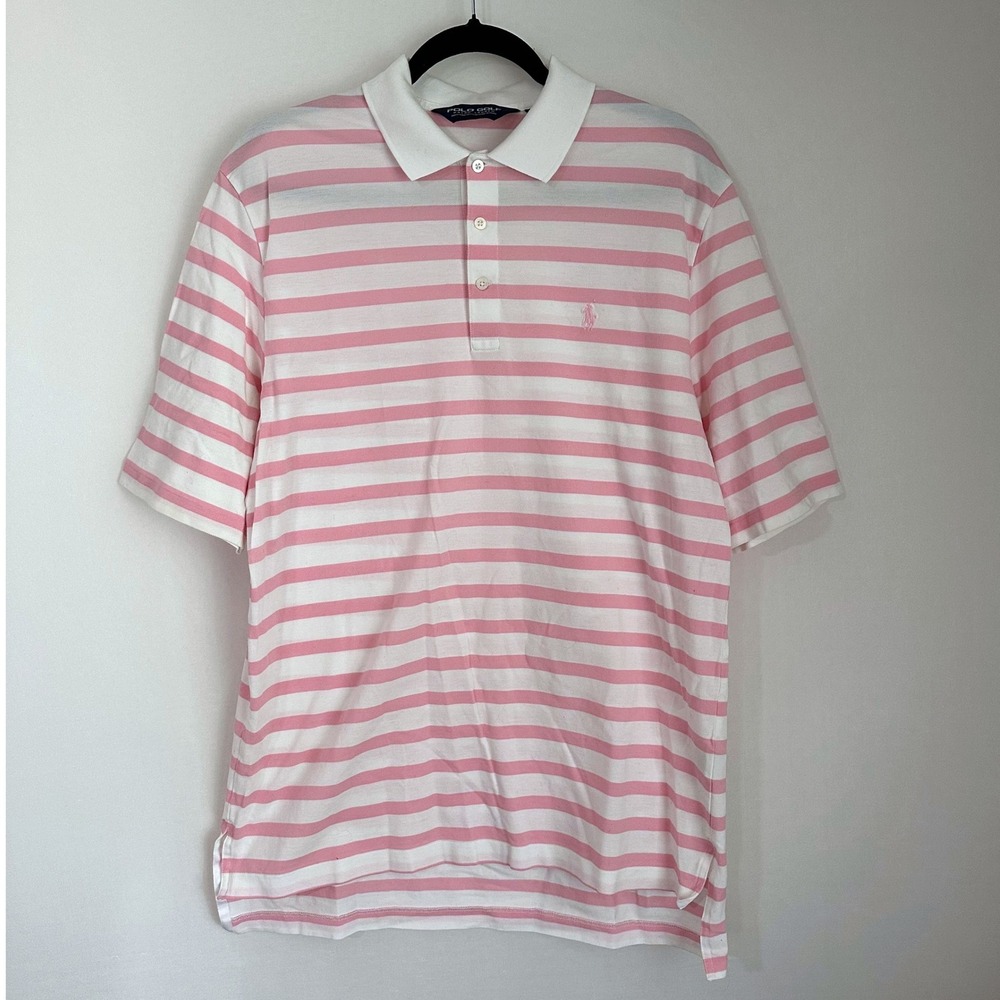 VTG Polo Golf Ralph Lauren Striped Pink White Cotton Pima Polo Shirt Men's Large